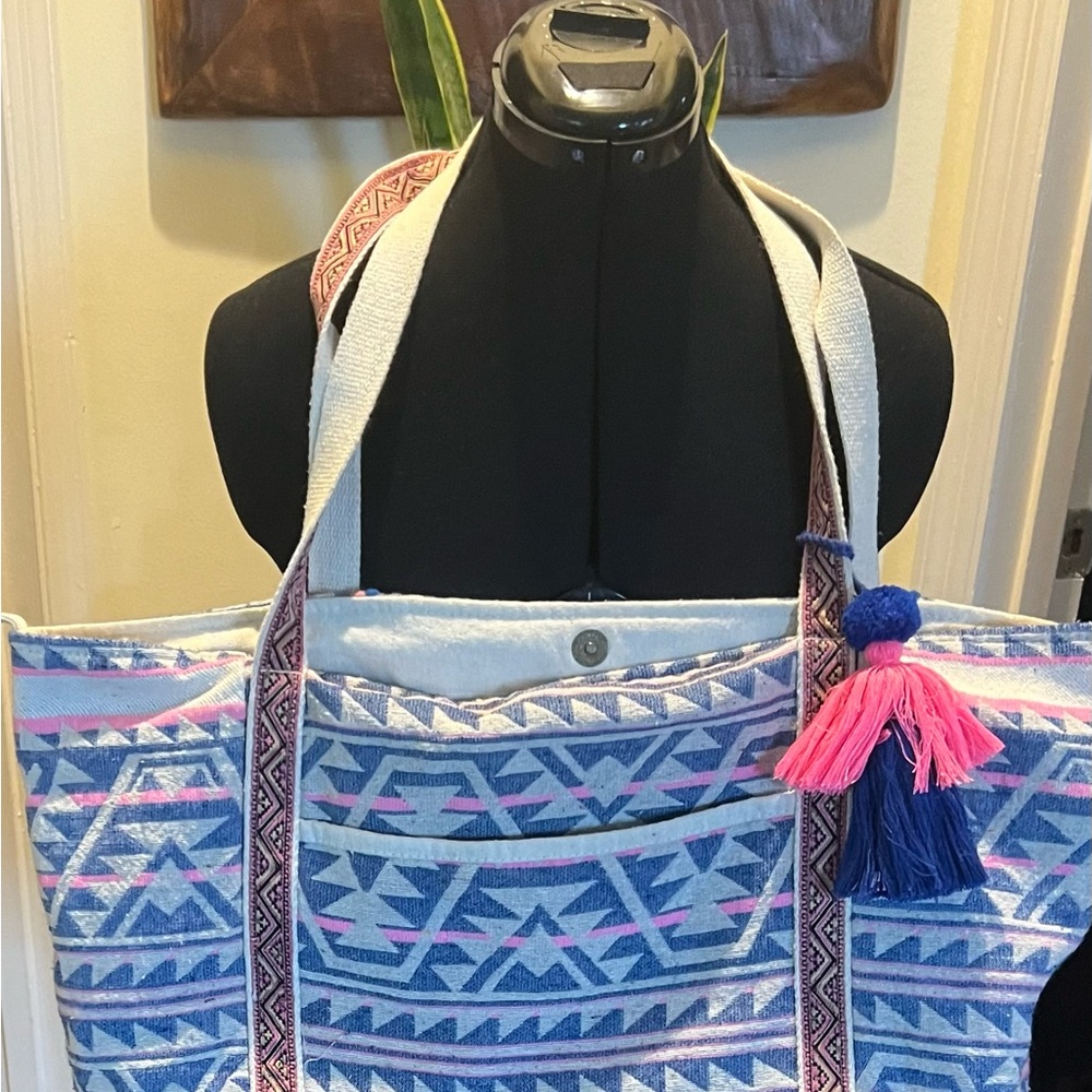 Woven Blue and Pink Patterned Tote Bag